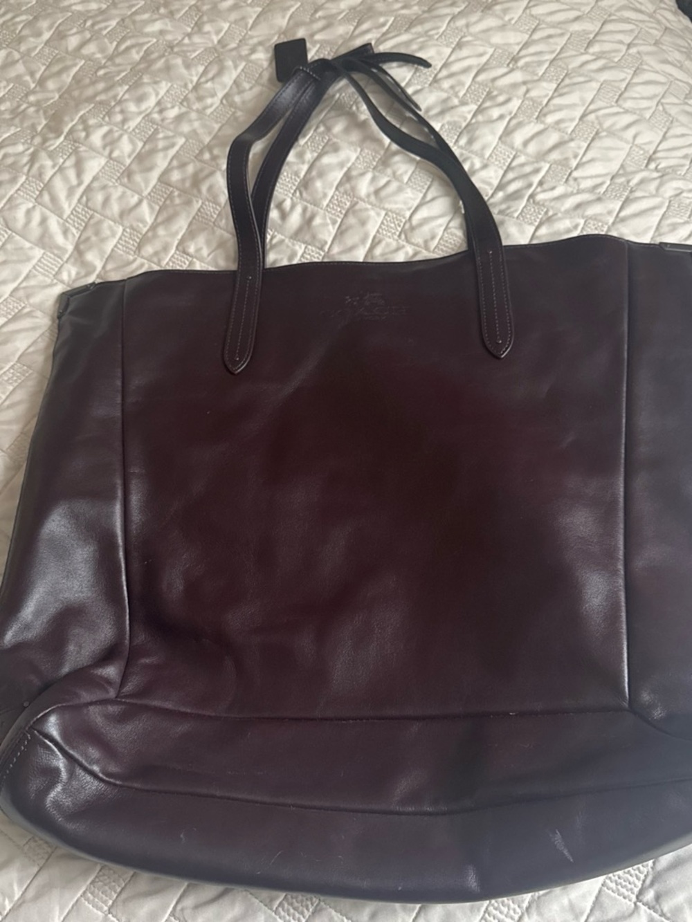 Coach Leather Tote Bag - Dark Brown / burgundy